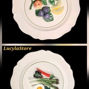 Rare Pair Vietri Italy 3D Relief Ceramic Wall Plates Trompe L'oeil Majolica 11"